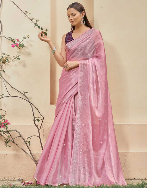 Sudathi Light Pink Stone Work Embellished Silk Saree