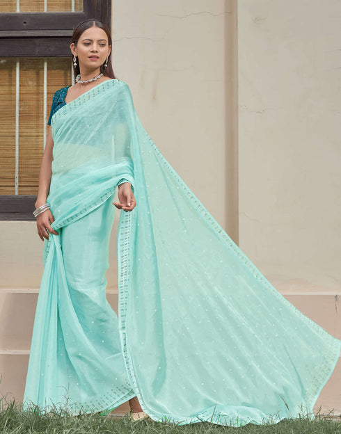 Sudathi Light Turquoise Stone Work Embellished Silk Saree