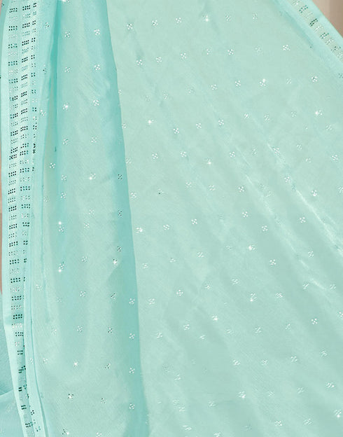 Sudathi Light Turquoise Stone Work Embellished Silk Saree