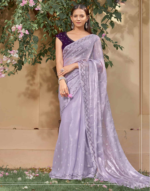 Sudathi Lavender Stone Work Embellished Silk Saree