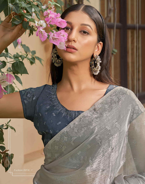 Sudathi Grey Stone Work Embellished Silk Saree