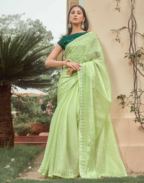Sudathi Light Green Stone Work Embellished Silk Saree