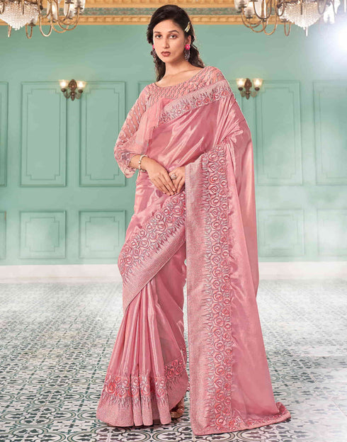 Sudathi Rose Pink Embroidery Silk Saree