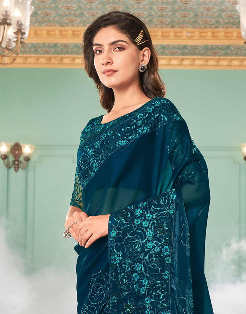 Sudathi Rama Blue Sequence Embroidery Silk Saree