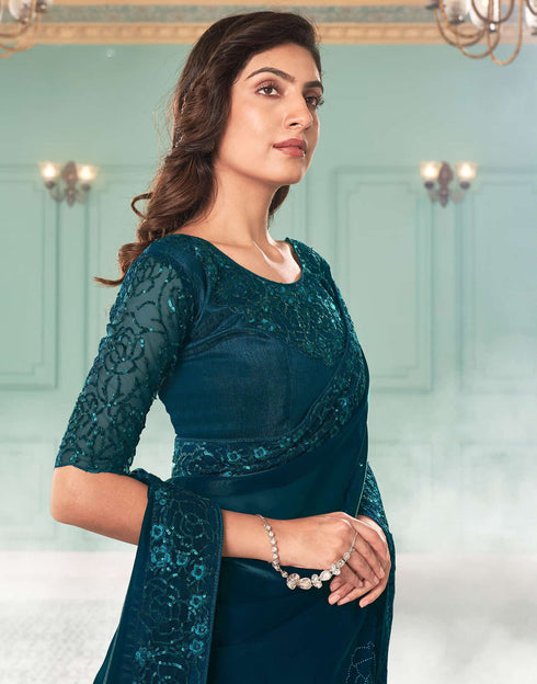 Sudathi Rama Blue Sequence Embroidery Silk Saree