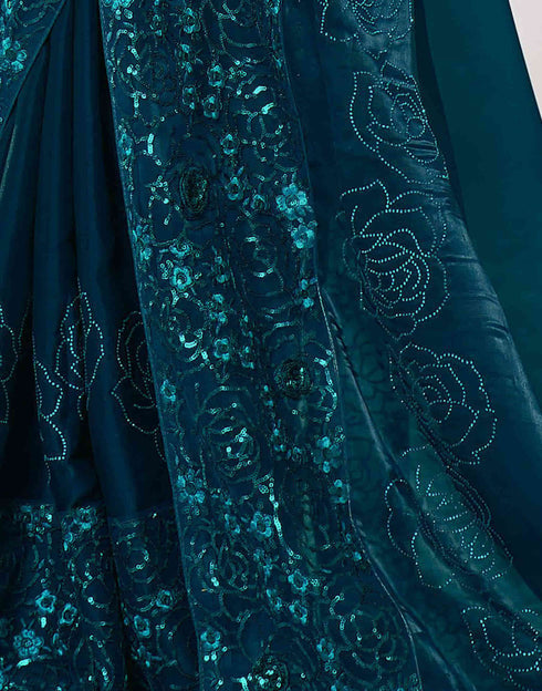 Sudathi Rama Blue Sequence Embroidery Silk Saree