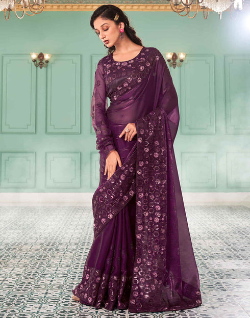 Sudathi Wine Sequence Embroidery Silk Saree