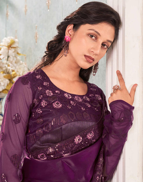 Sudathi Wine Sequence Embroidery Silk Saree