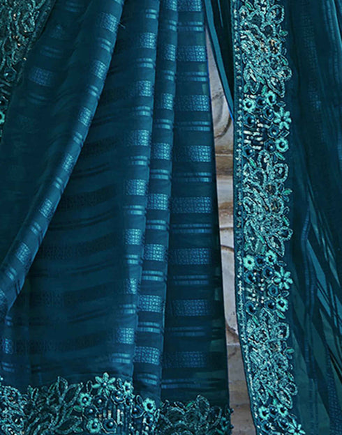 Sudathi Rama Blue Sequence Embroidery Chiffon Saree