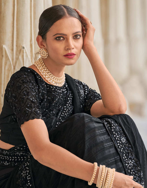 Sudathi Black Sequence Embroidery Chiffon Saree