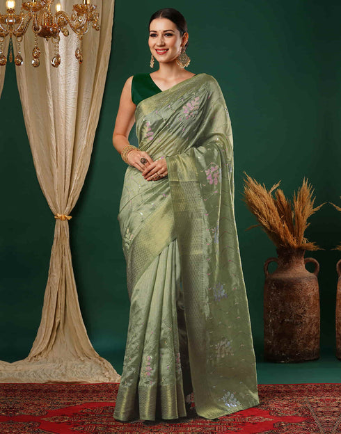 Sudathi Pista Green Sequence Silk Saree
