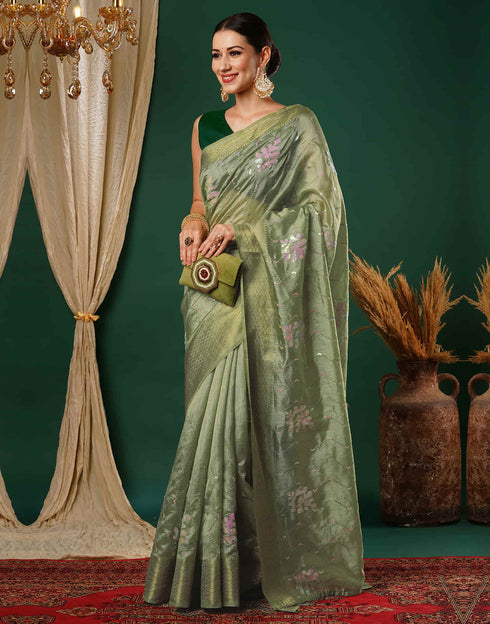 Sudathi Pista Green Sequence Silk Saree