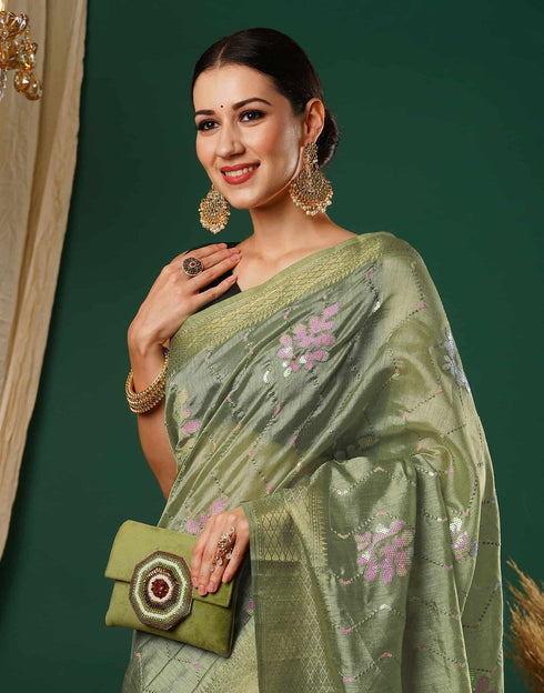 Sudathi Pista Green Sequence Silk Saree