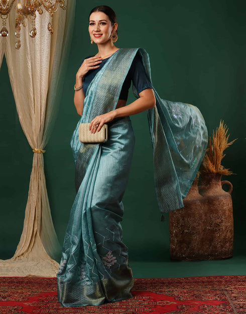 Sudathi Sky Blue Sequence Silk Saree