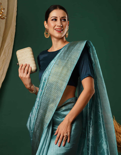 Sudathi Sky Blue Sequence Silk Saree