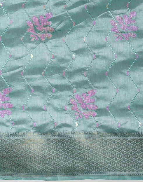 Sudathi Sky Blue Sequence Silk Saree