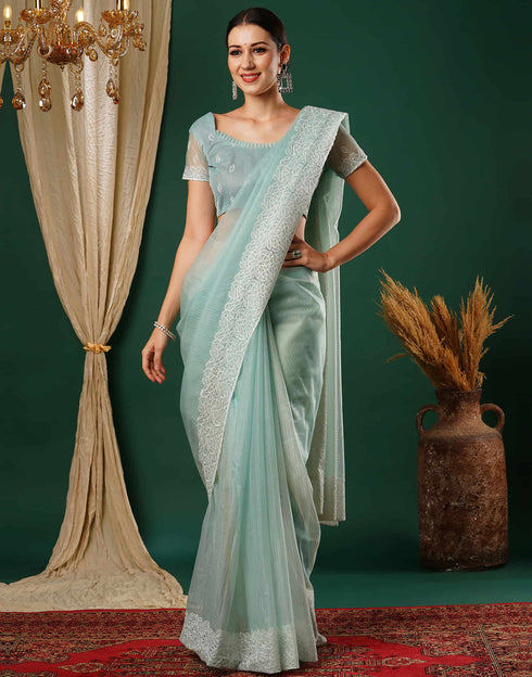 Sudathi Light Turquoise Embroidery Net Saree