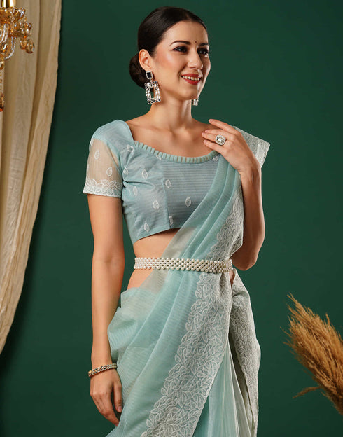 Sudathi Light Turquoise Embroidery Net Saree