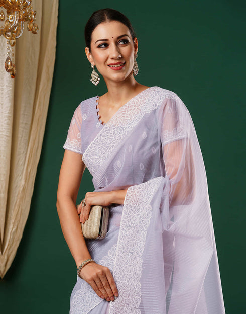 Sudathi Light Lavender Embroidery Net Saree