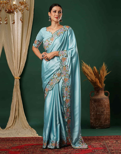 Sudathi Sky Blue Embroidery Satin Saree