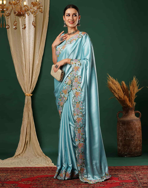 Sudathi Sky Blue Embroidery Satin Saree