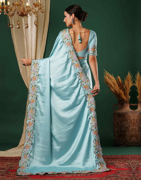 Sudathi Sky Blue Embroidery Satin Saree