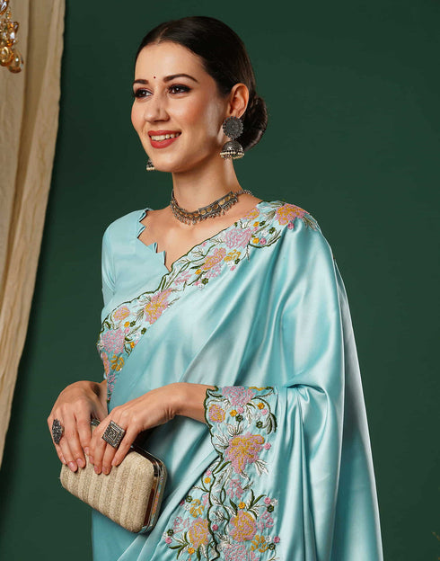 Sudathi Sky Blue Embroidery Satin Saree