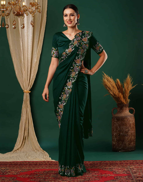 Sudathi Dark Green Embroidery Satin Saree
