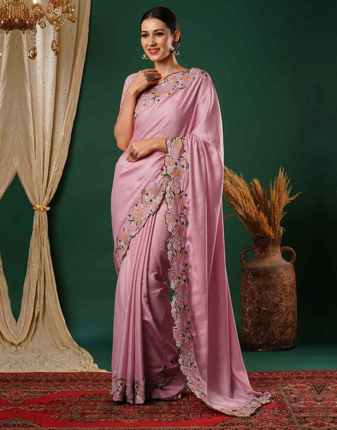 Sudathi Rose Pink Embroidery Satin Saree