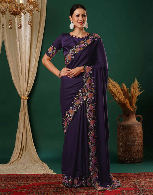 Sudathi Deep Purple Embroidery Satin Saree