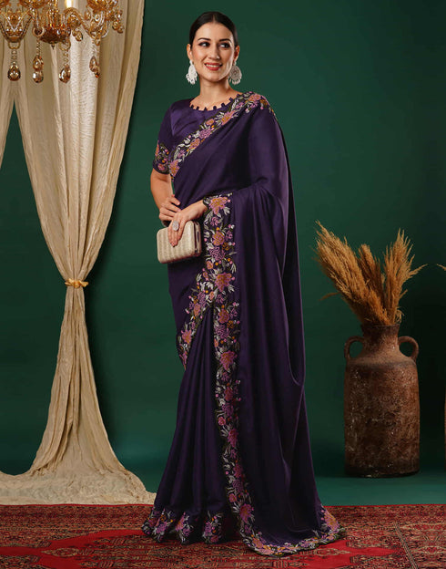 Sudathi Deep Purple Embroidery Satin Saree