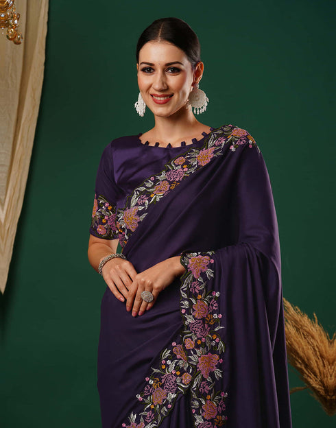 Sudathi Deep Purple Embroidery Satin Saree