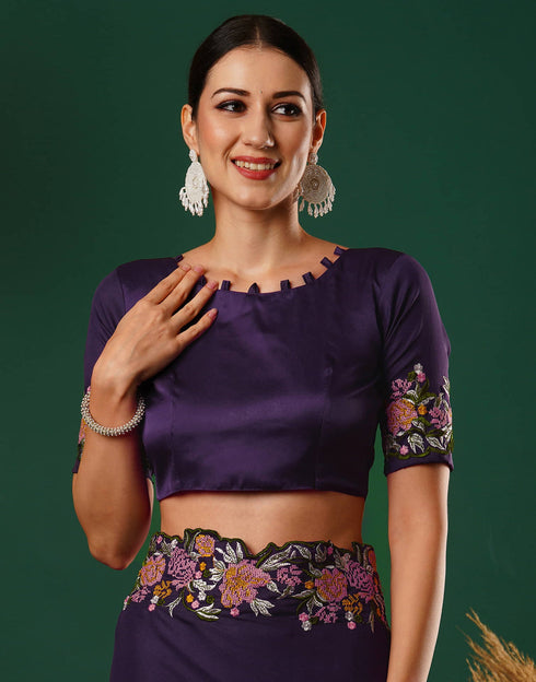 Sudathi Deep Purple Embroidery Satin Saree