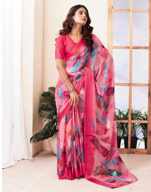 Sudathi Rose Pink Geometric Printed Georgette Saree