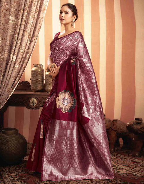 Sudathi Dark Red Woven Banarasi Silk Saree