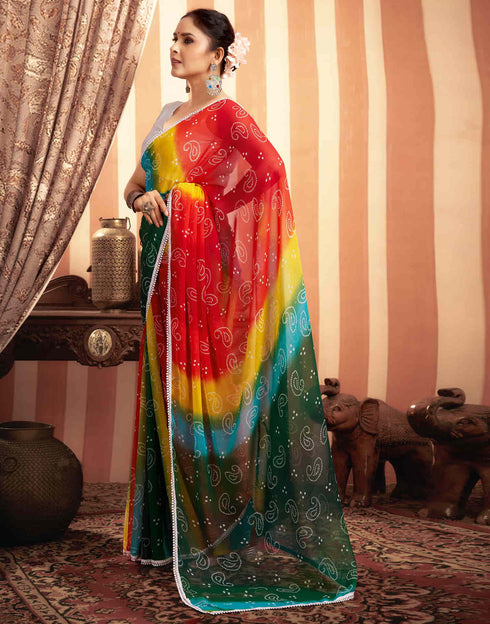 Sudathi Red Bandhani Printed Georgette Saree