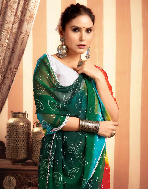 Sudathi Red Bandhani Printed Georgette Saree