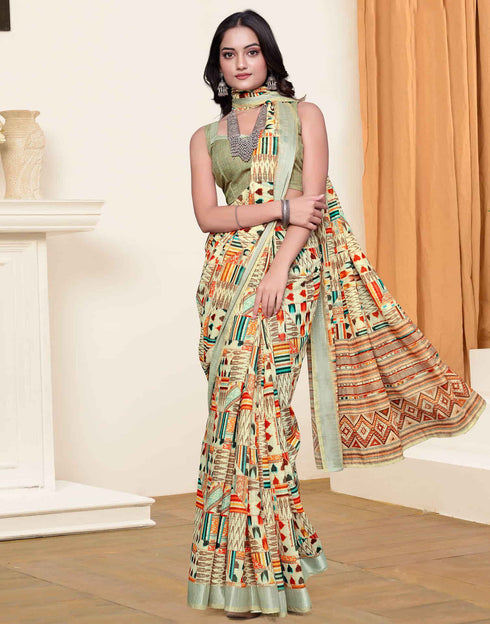 Sudathi Cream Zari Printed Linen Saree