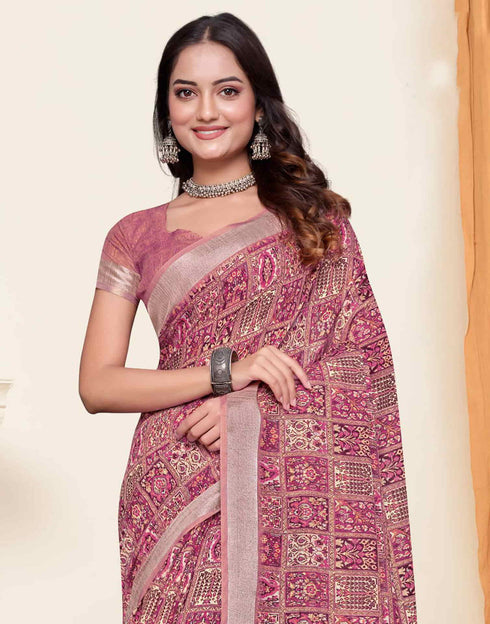 Sudathi Dusty Pink Zari Printed Linen Saree