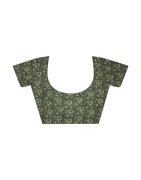 Sudathi Dark Olive Green Zari Printed Linen Saree