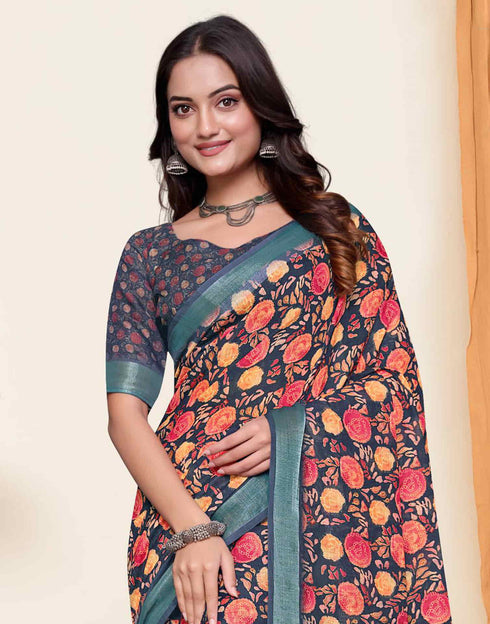 Sudathi Rama Blue Zari Printed Linen Saree
