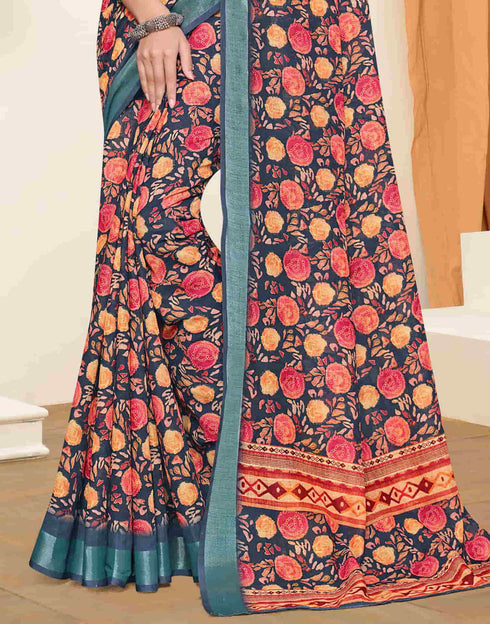 Sudathi Rama Blue Zari Printed Linen Saree