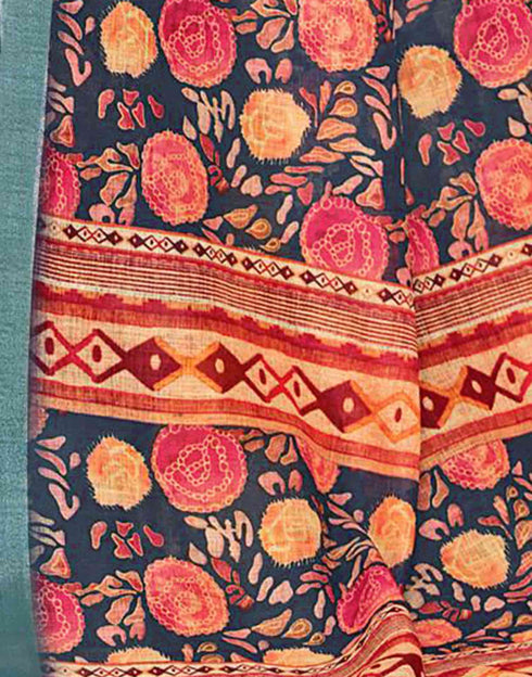 Sudathi Rama Blue Zari Printed Linen Saree