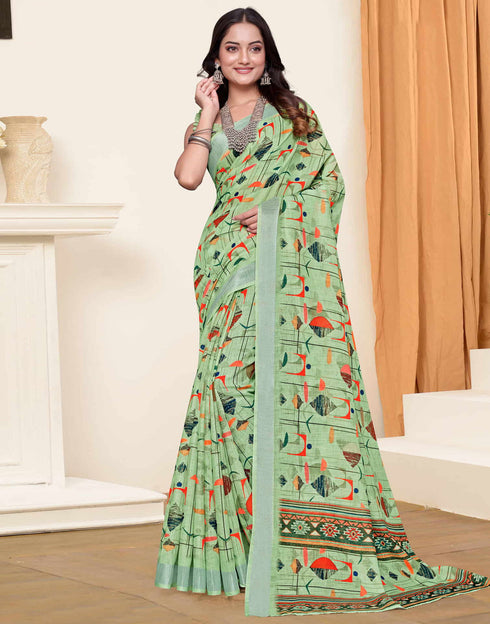 Sudathi Pista Green Zari Printed Linen Saree