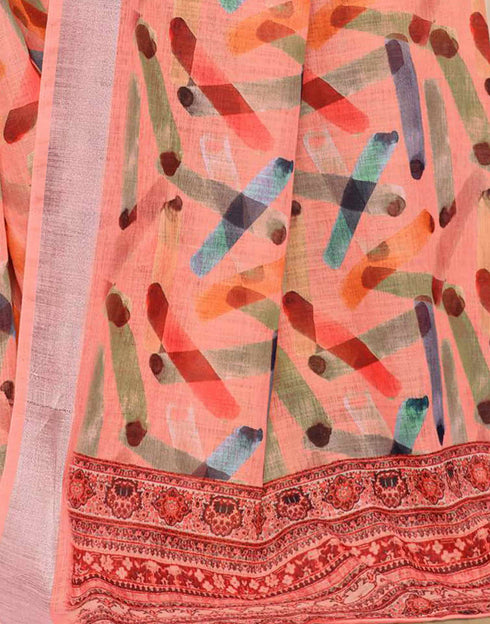Sudathi Peach Zari Printed Linen Saree