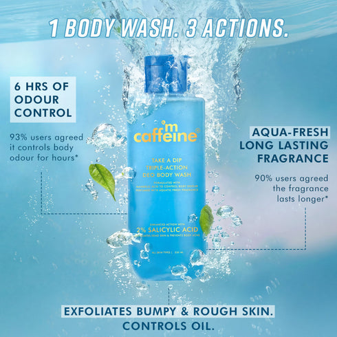 mCaffeine Take A Dip 3-in-1 Perfume Body Wash Odour Control 2% Salicylic Acid Aqua Fresh Scent 250ml