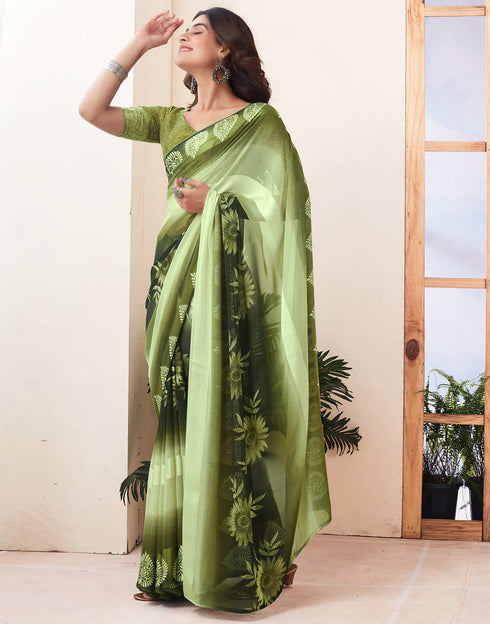 Sudathi Pista Green Printed Georgette Saree