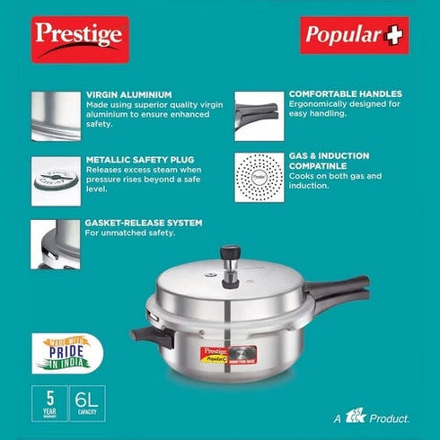 Prestige Popular Plus Virgin Aluminium Gas And Induction Compatible Senior Deep Pan Pressure Cooker 6 L Silver