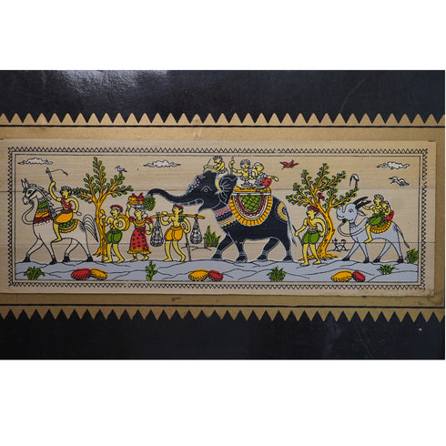 Palm Leaf Handmade Painting of Royal Elephant Ride with Villagers