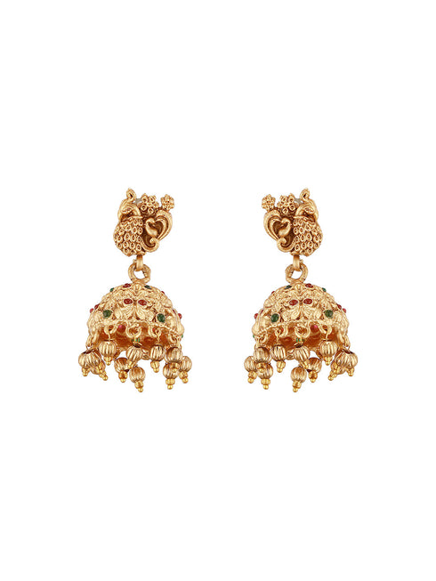 Antique Gold Plated Red & Green Kempo Temple Floral Peacock Long Haram Jhumka Jewellery Set